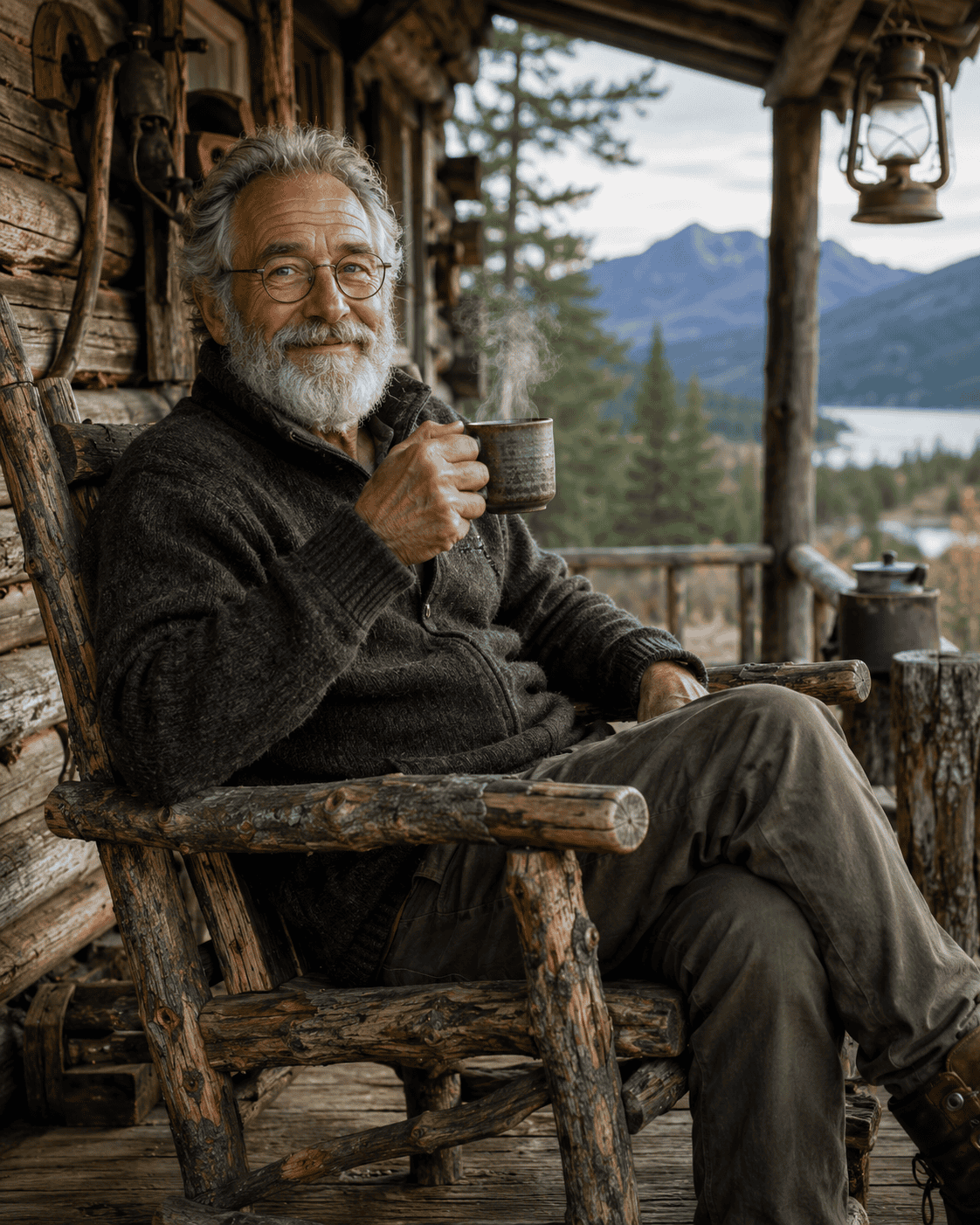 Content older homesteader relaxing with morning coffee on the porch of a simple handmade cabin surrounded by nature.